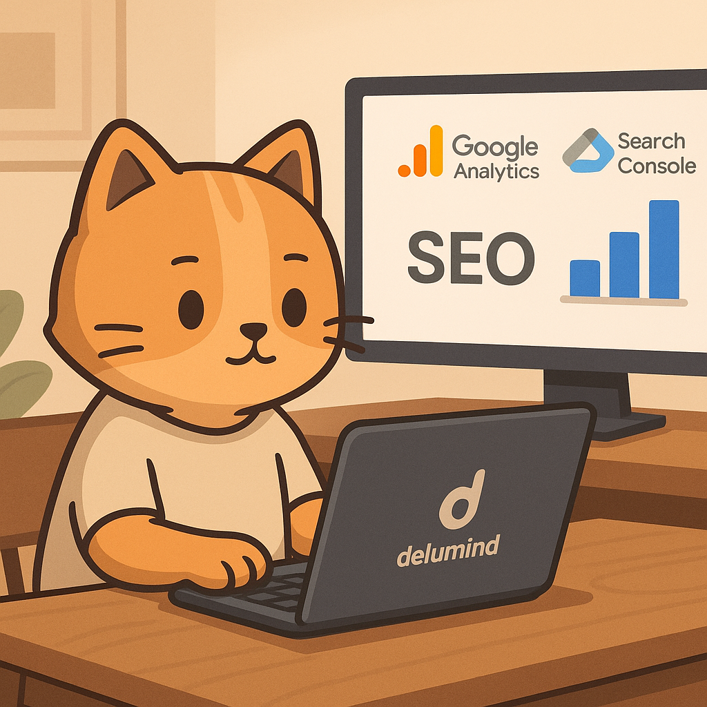 델루마인드 고양이 캐릭터가 SEO 점수 향상과 Google Analytics 연동을 WordPress에서 성공한 모습